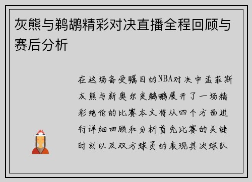 灰熊与鹈鹕精彩对决直播全程回顾与赛后分析
