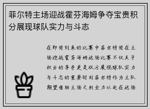 菲尔特主场迎战霍芬海姆争夺宝贵积分展现球队实力与斗志